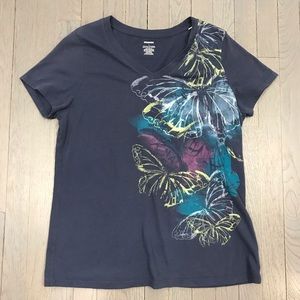 Navy Blue Butterfly Print V Neck Short Sleeve Tee